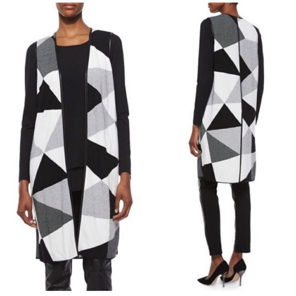 Lafayette 148 Black White Geometric Pockets Long Sleeveless Knit Cardigan Sz M
